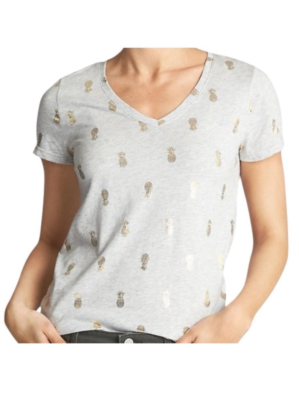 Old Navy cream colored V-Neck Tee with Gold Pineapple Motif